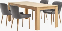LINTRUP D190/280 stół dąb + 4 PEBRINGE szary aksamit