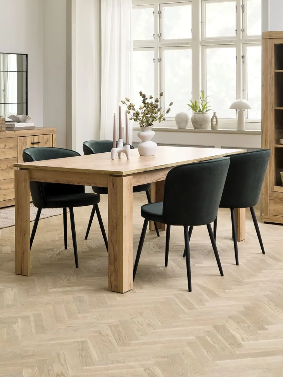 LINTRUP D190/280 stół dąb + 4 RISSKOV c-zielony aksamit